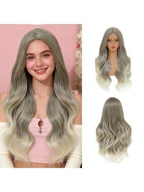 Women's Omber Blonde 26 Inch Middle Part Natural Looking Synthetic Curly Wigs